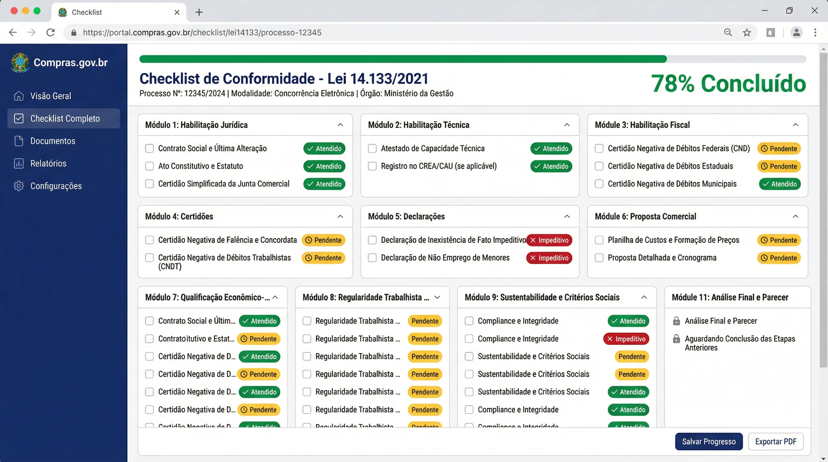 Checklist Lei 14.133/2021 no software 1licita com 11 módulos de habilitação