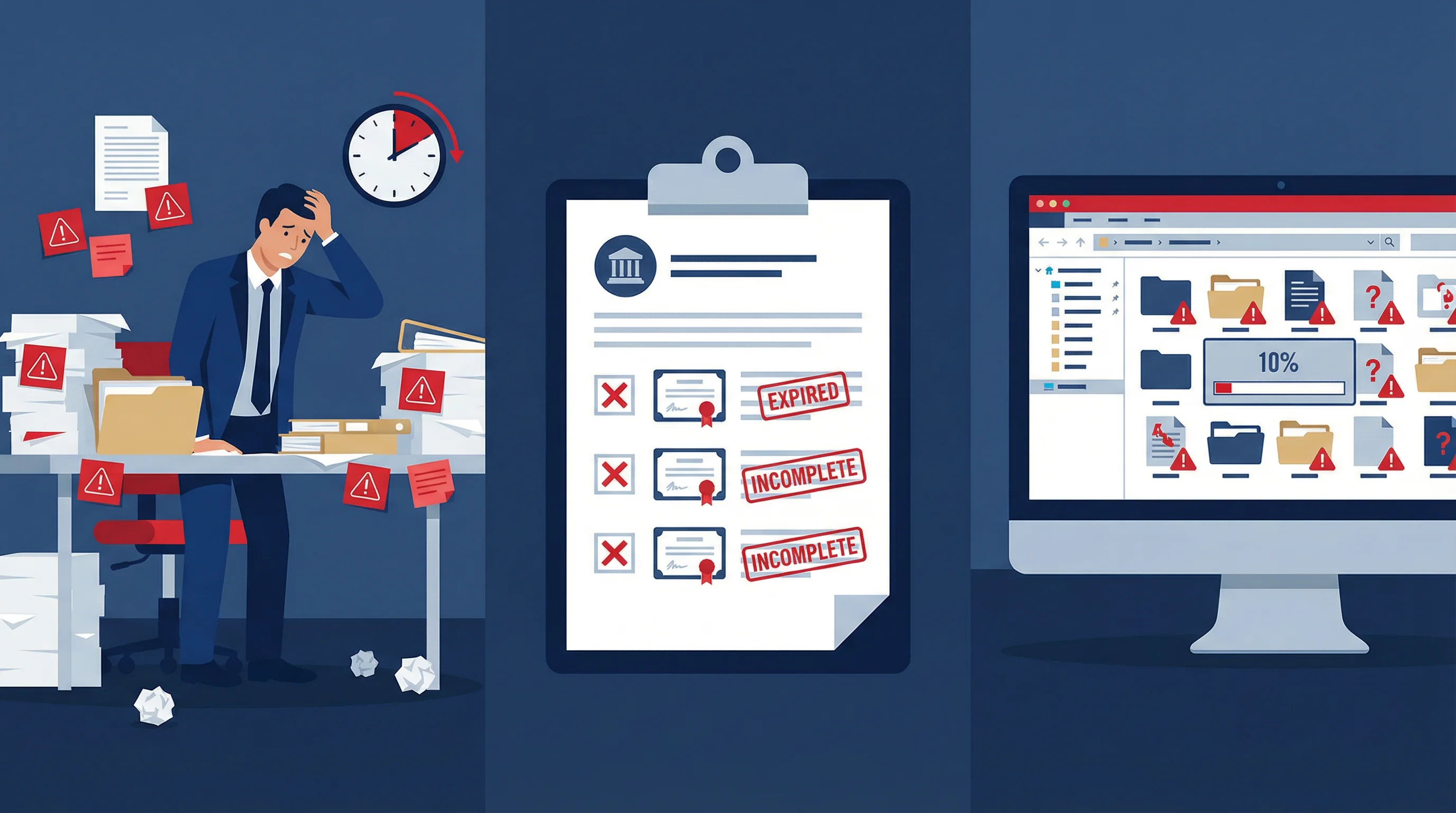 Ilustração dos problemas de gestão de licitações: prazos perdidos, documentação incompleta e desorganização