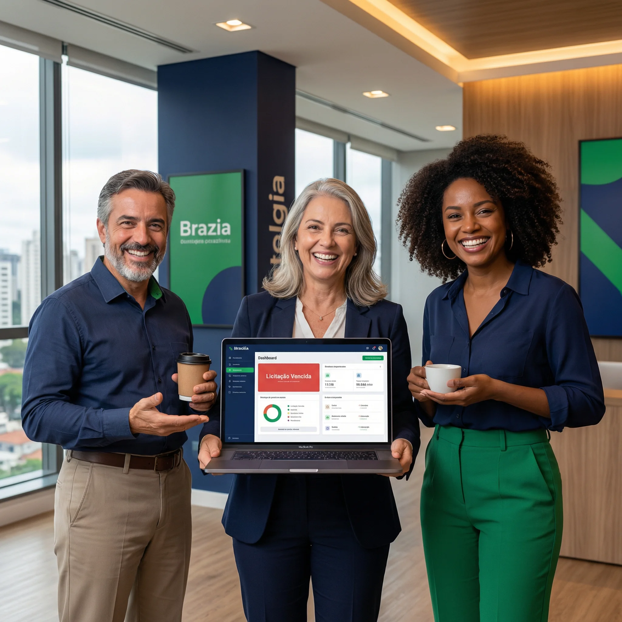 Equipe comemorando vitória em licitação com o software 1licita